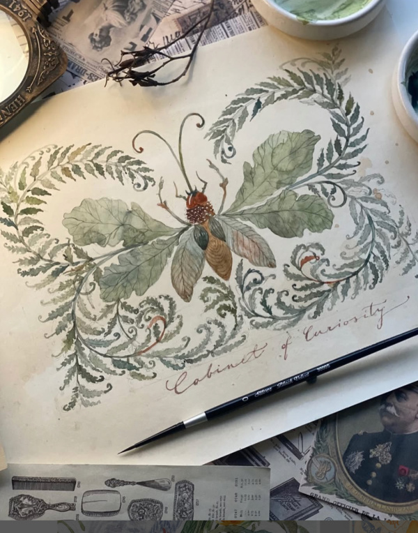 Sucharita Sengupta Suri painting of a moth surrounded by ferns.