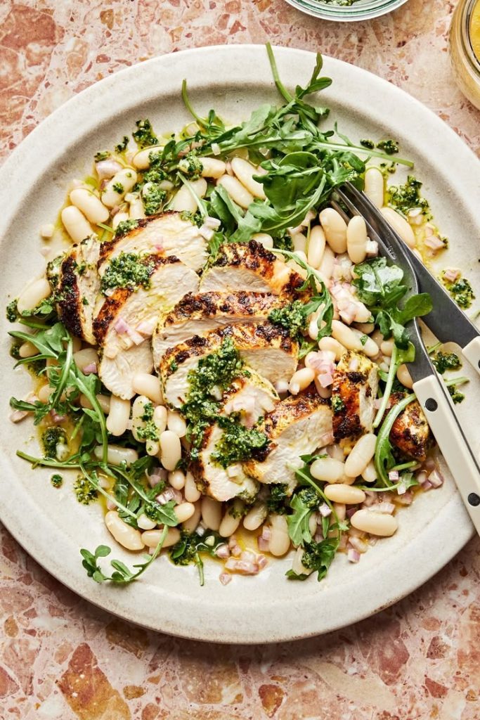 Arugula White Bean Salad with Pesto Chicken.