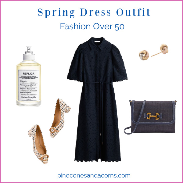 spring dress outfit fashion over 50 with blue eyelet dress, plaid pumps, bag, perfume, earrings.