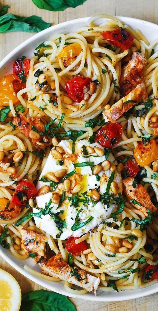 Chicken Spaghetti with Burrata Cheese, Cherry Tomatoes, and Lemon Butter Garlic Sauce.