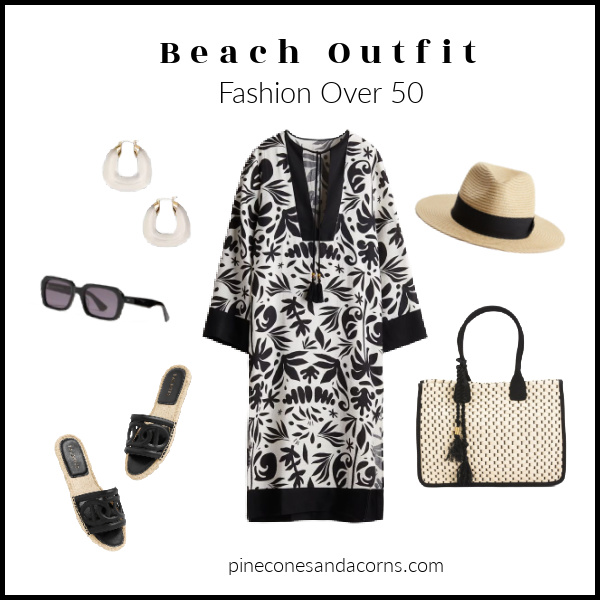Black and white caftan beach outfit fashion over 50 with hat, sandals, sun glasses bg and earrings.