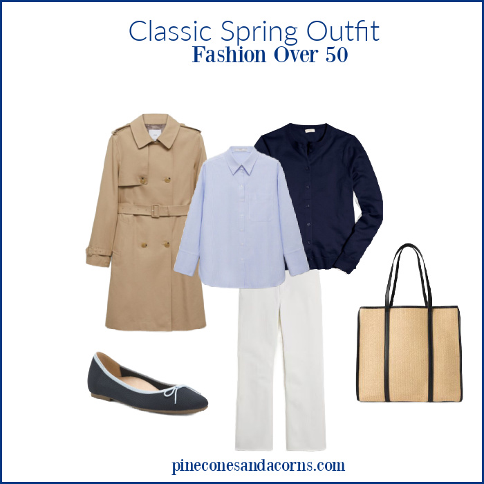 Classic Spring Capsule Wardrobe Fashion Over 50 with a trench coat, glue shirt, blue sweater, ballet flats and a wicker tote.