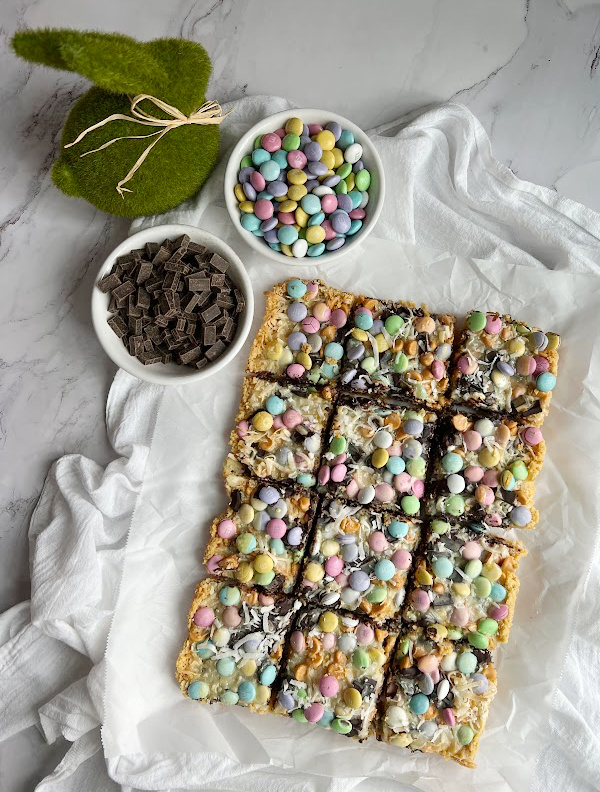 Easter M&M Magic Bars and a bowl of pastel m&M