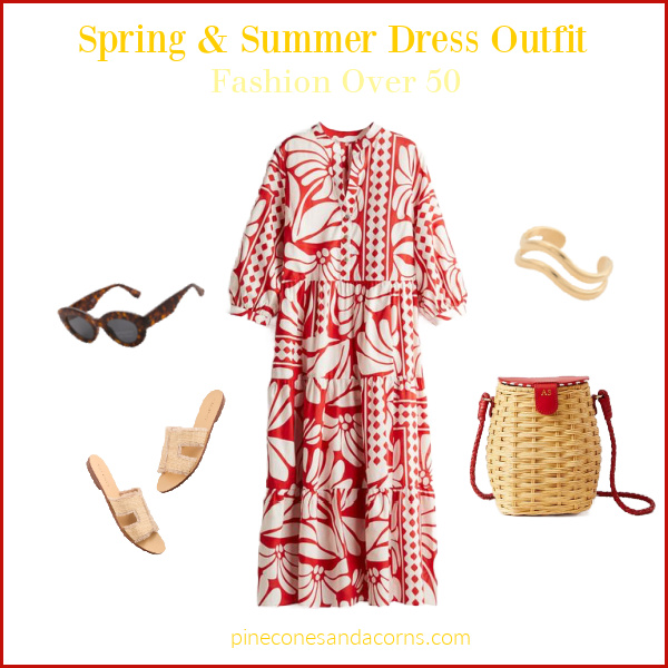 Spring Summer Dress Outfit collage with a red and white caftan, tan sandals. worker bag with red leather accents, sunglasses and a gold cuff bracelet.