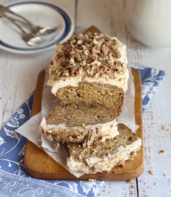 carrot banana bread loaf cake, sliced. 