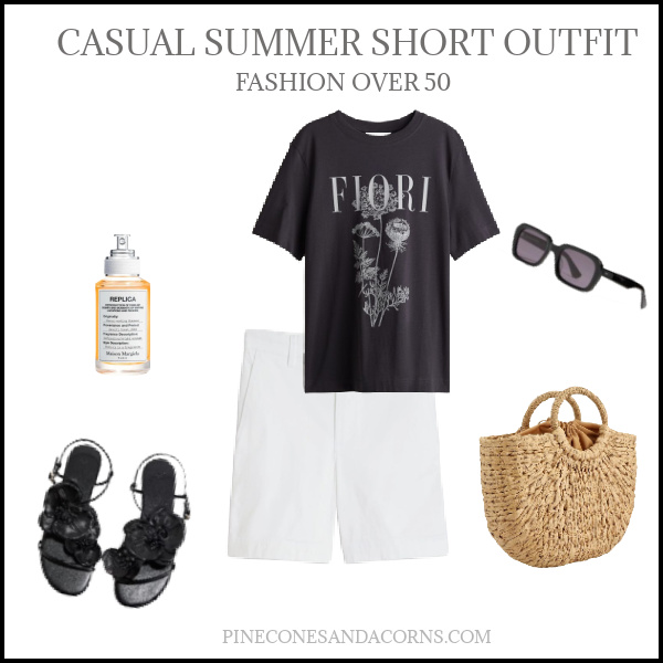 FASHION OVER 50 CASUAL SUMMER SHORT OUTFIT with white shorts, black t-shirt with botanical flowers, black sandals with leather flowers, black sunglasses, a bottle of perfume and a wicker bag.