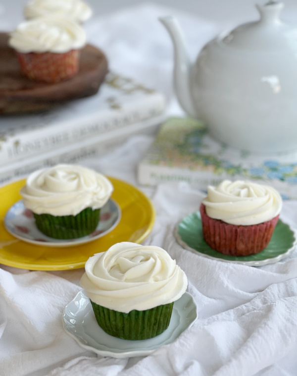 banana cupcakes with honey and a white tea pot.