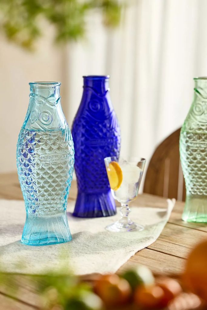 Sardine Core, Green and blue Fish Bottles. 