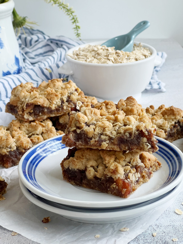 oatmeal date bars on a blue and white plate.