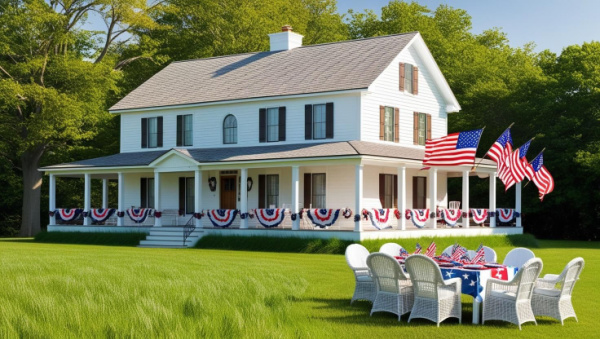AI White farm house decorated for Memorial Day