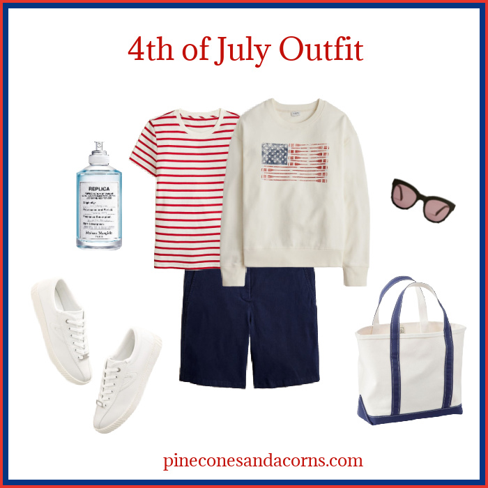 4th July outfit, blue shorts, red white strip shirt, flag sweat shirt, white tennis shoes, llama bean tote and sun glasses with a bottle of perfume. 