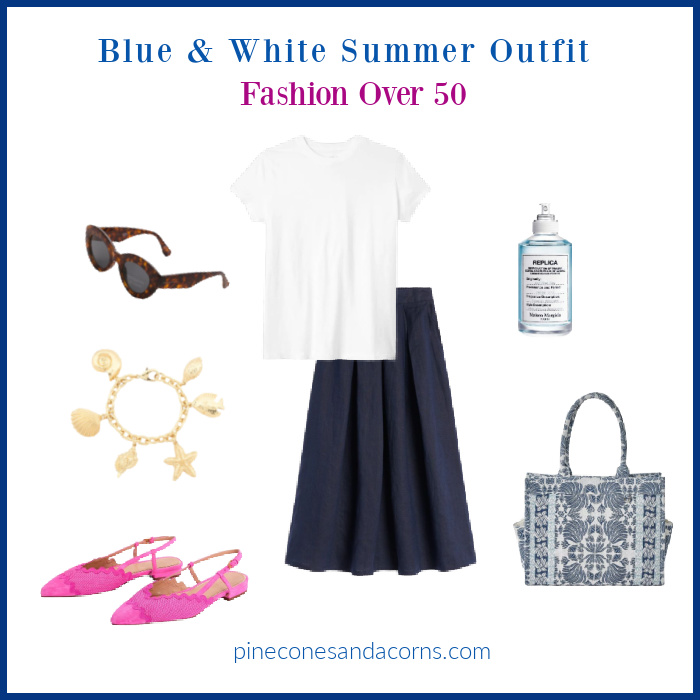 Blue & White summer Skirt outfit Fashion over 50 with a white t-shirt, fuchsia sling back sandals, a gold charm bracelet, perfume, tortoise sunglasses and a blue and white brocade bag.