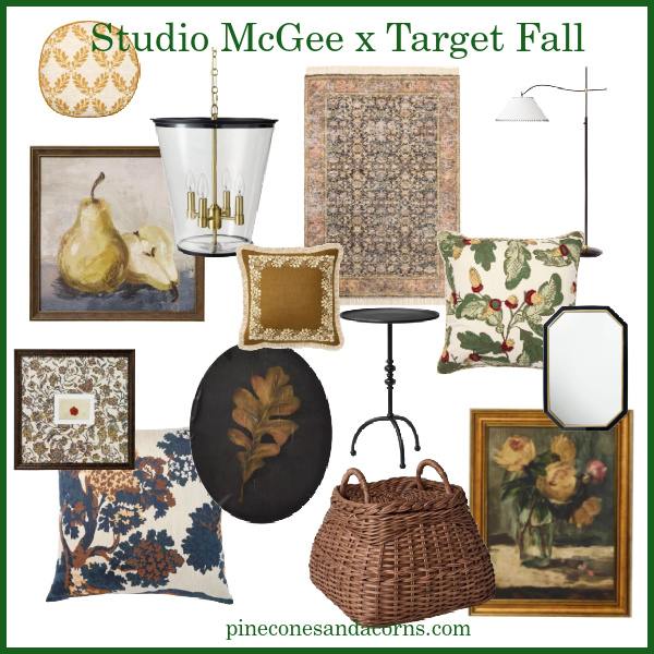 Studio McGee Target Fall 2025 collage of home decor items including pillows, rugs, lamps, mirrors, baskets, small table.