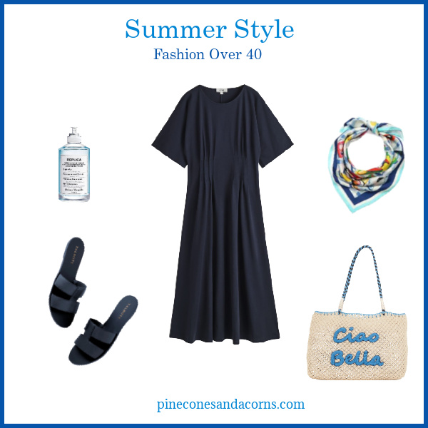 Summer Dress Outfit Fashion over 40, blue dress, colorful silk scarf, blue sandals, perfume and a ciao Bella white and blue bag.