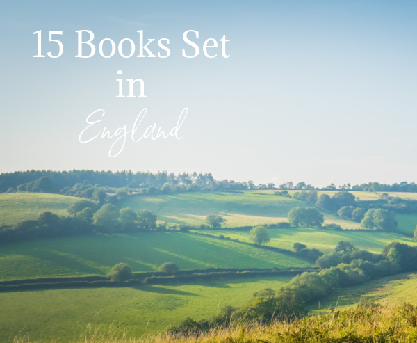 books set in england over lay on a phot of the English countryside.
