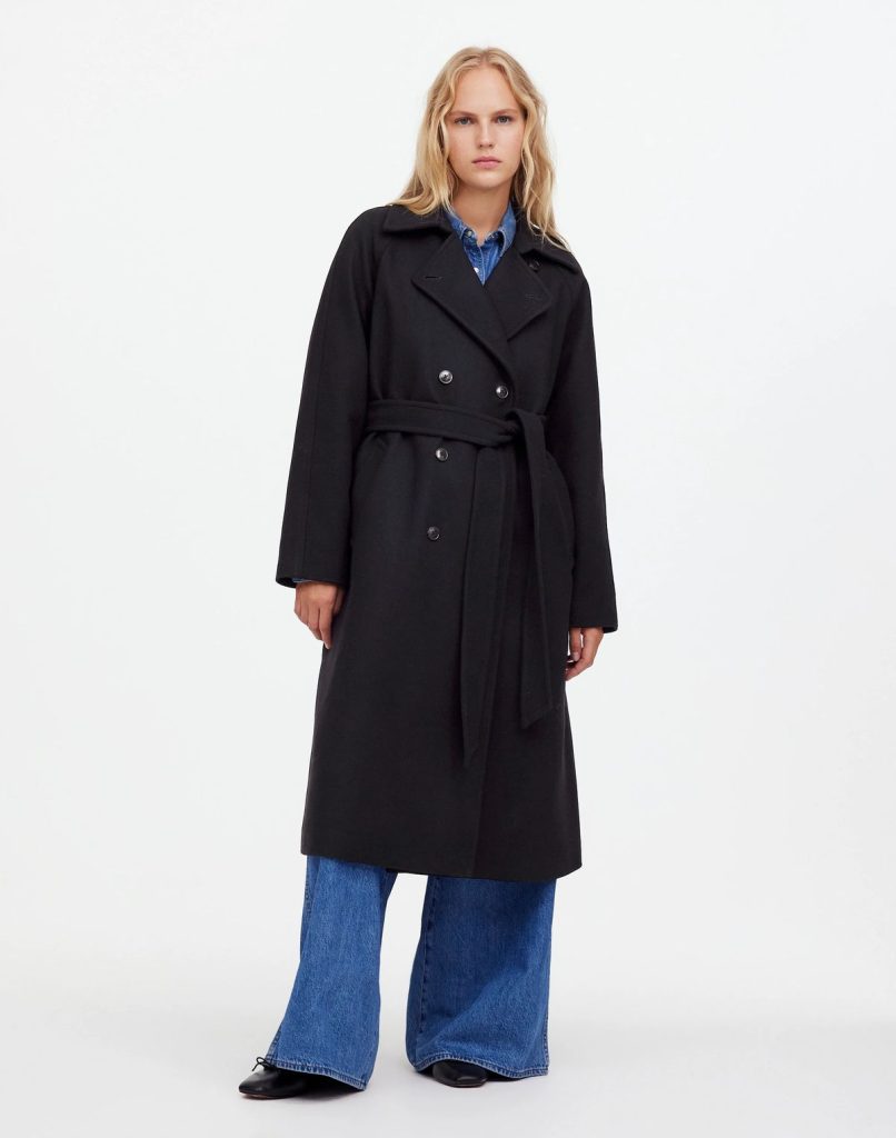 blue trench coat. 