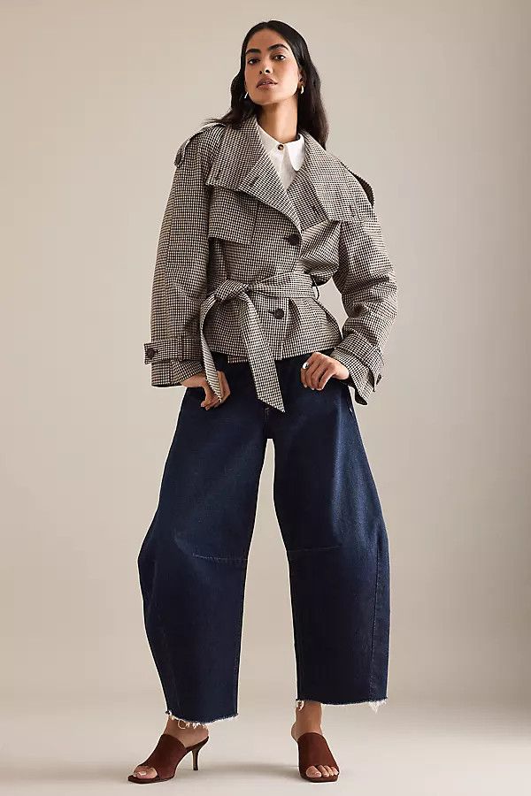 Plaid cropped trench coat.