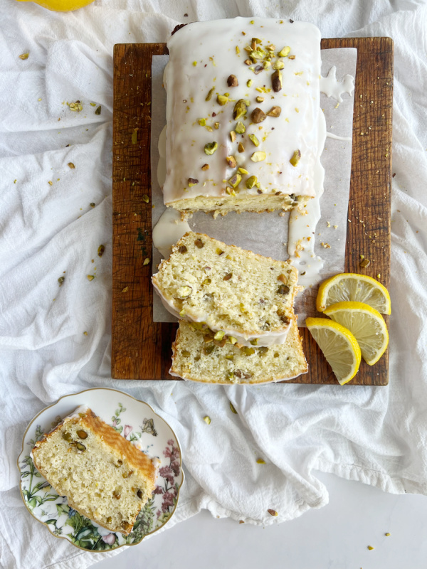 Lemon pistachio bread sliced.