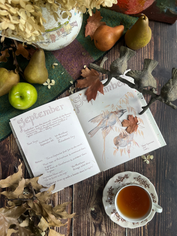 September Flatlay with Edith Holden Book, apples, pears, a pitcher of dried flowers, a cup of tea and a bird sculpture.