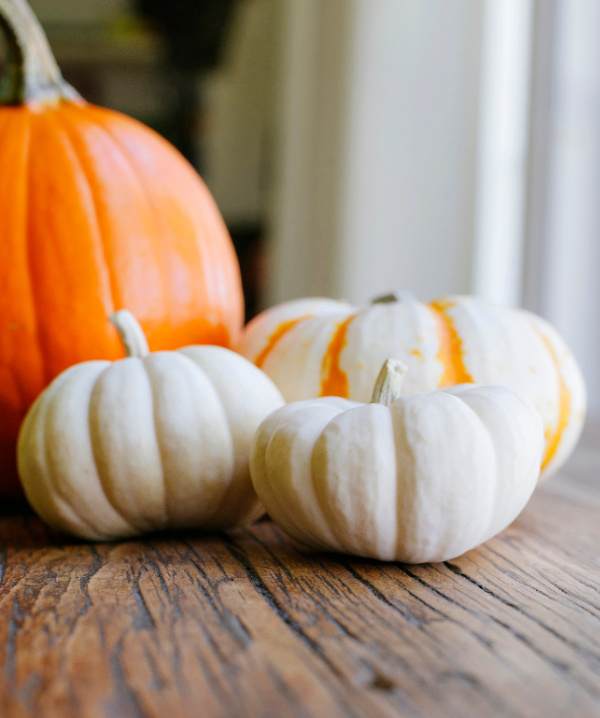 2 white pumpkins, an orange pumpkin and orange and white.
