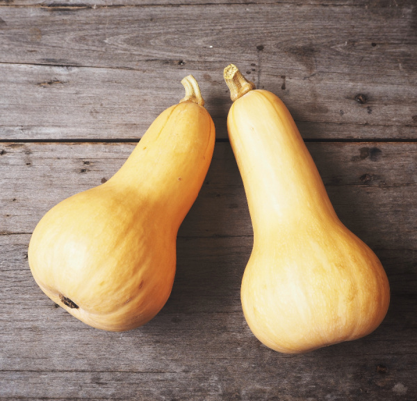 Two Butternut Squash on a wood background.
