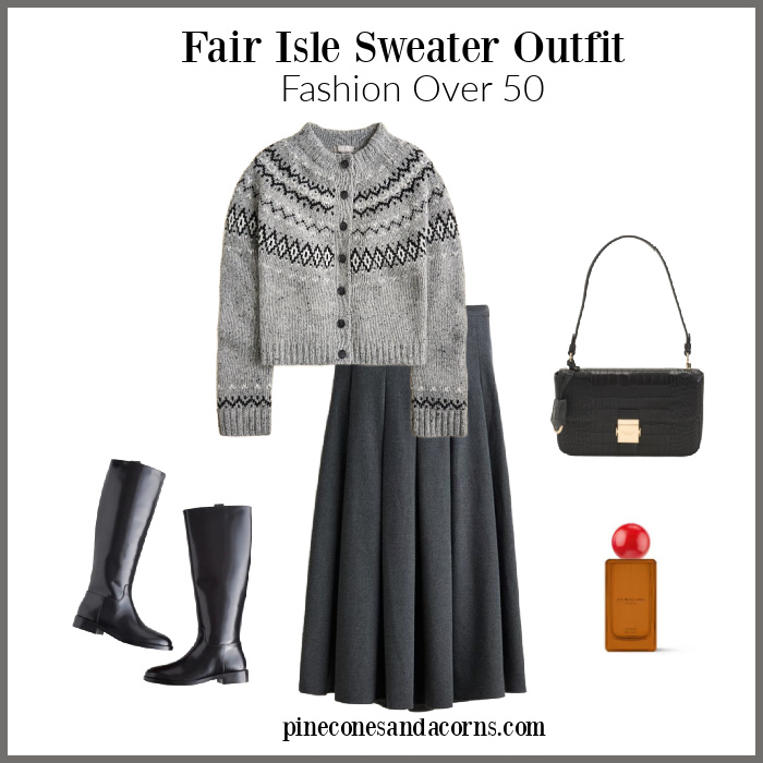 Fair Isle Sweater with a gray skirt, black bag dan boots and perfume.