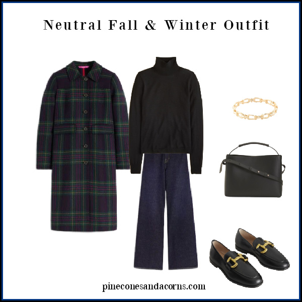 Fall & Winter Classic Black and plaid outfit with a plaid coat, jeans, black turtleneck, loafers, bag and a bracelet.