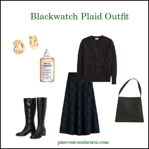 black watch plaid skirt outfit, with black boots, bag and sweater as well as perfume and gold earrings. Fashion over 50.