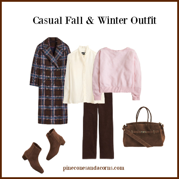 casual fall and winter plaid coat pink sweater outfit with brown suede boots and bag and a white shirt.