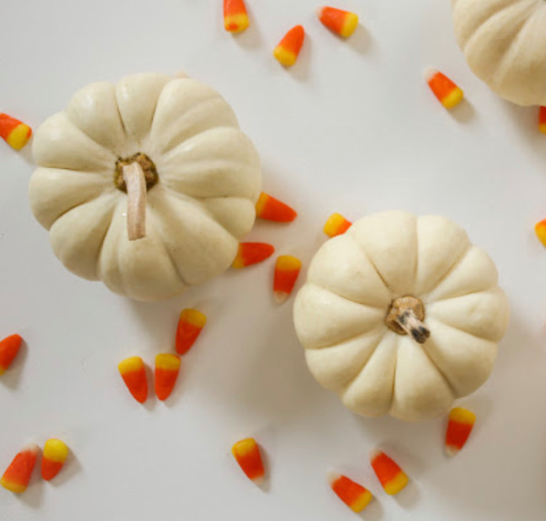 white pumpkins and candy corns.