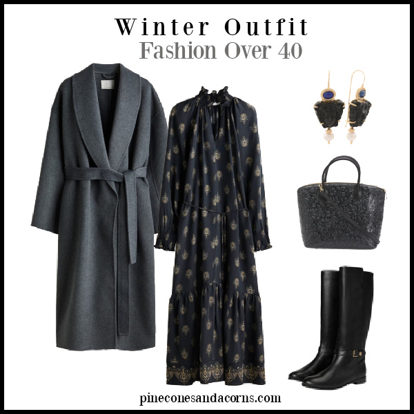 Fashion over 50 Dress and gray coat, black bag and books and black Venetian glass earrings.