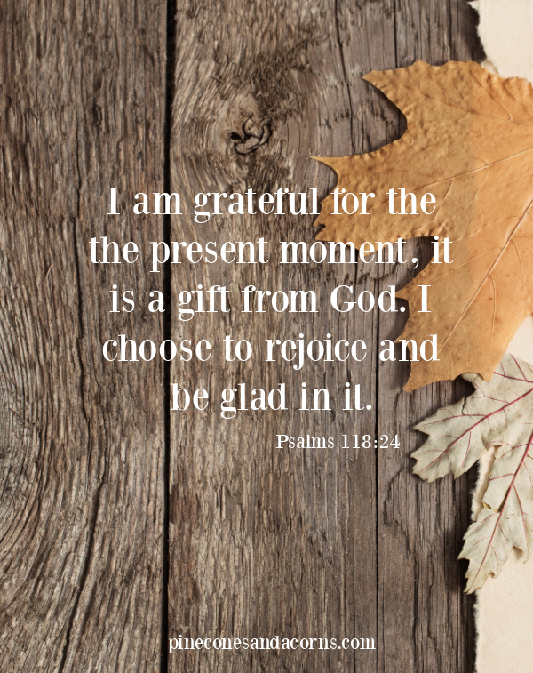 I am grateful for the the present moment, it is a gift from God. I choose to rejoice and be glad in it. Psalm 118_24