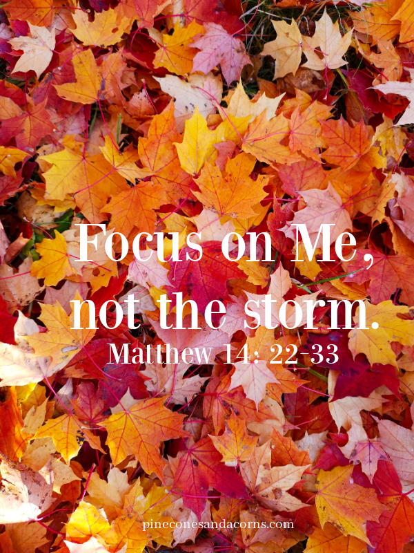 Matthew 14_ 22-33 Focus on me not the storm overlay on fall colorful leaves.