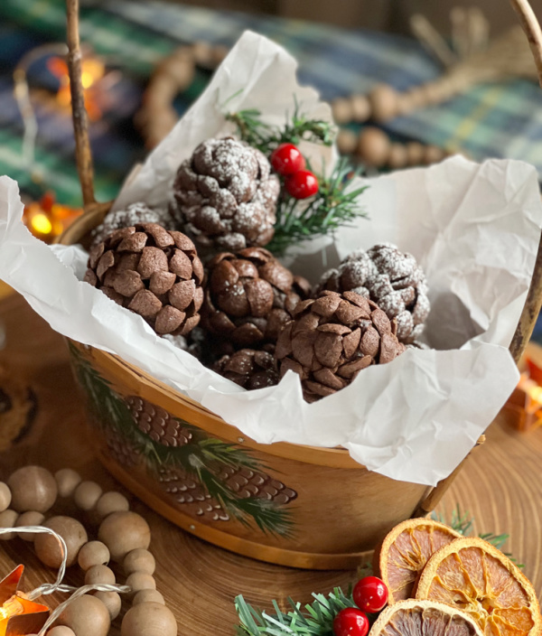 brownie pinecones in a basket.