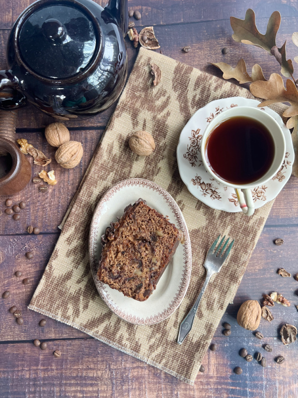 slice of date bread with a cup of tea.