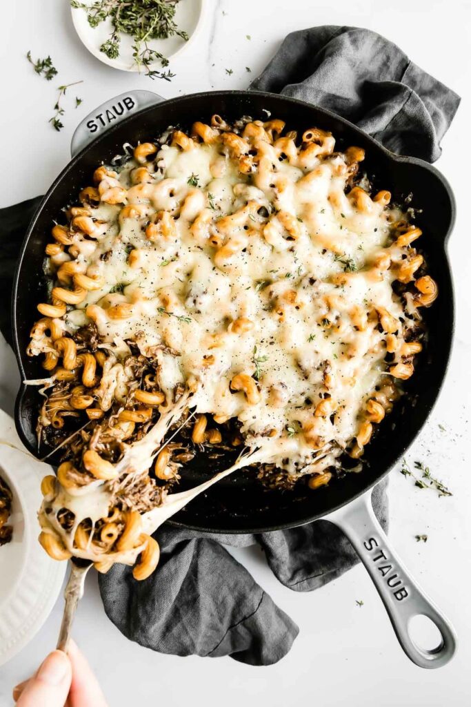 French onion pasta with braised meat.