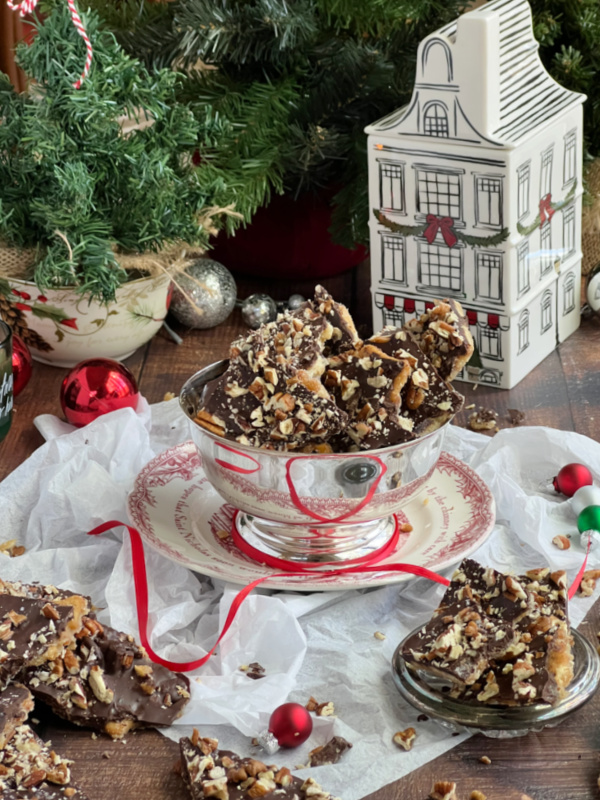 Bourbon Christmas crack with ritz crackers and pecans.