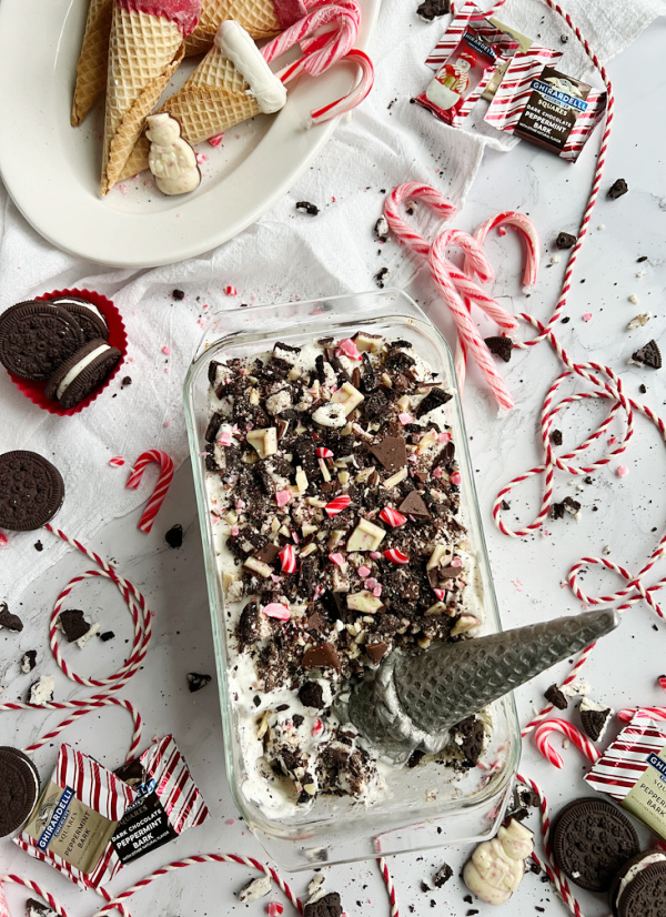 Loaf pan of peppermint bark ice cream.