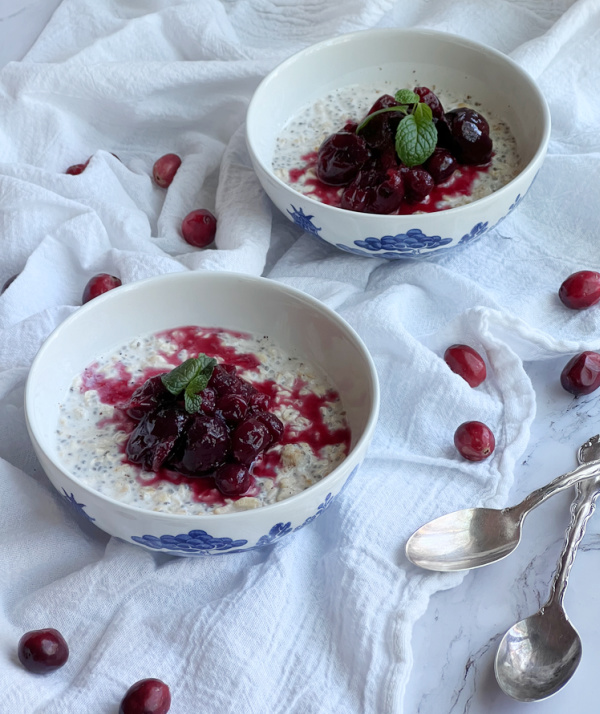 Overnight oats with homemade spiced cranberry compote.