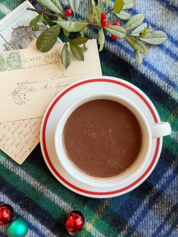 Parisian Hot chocolate in a red and white cup.