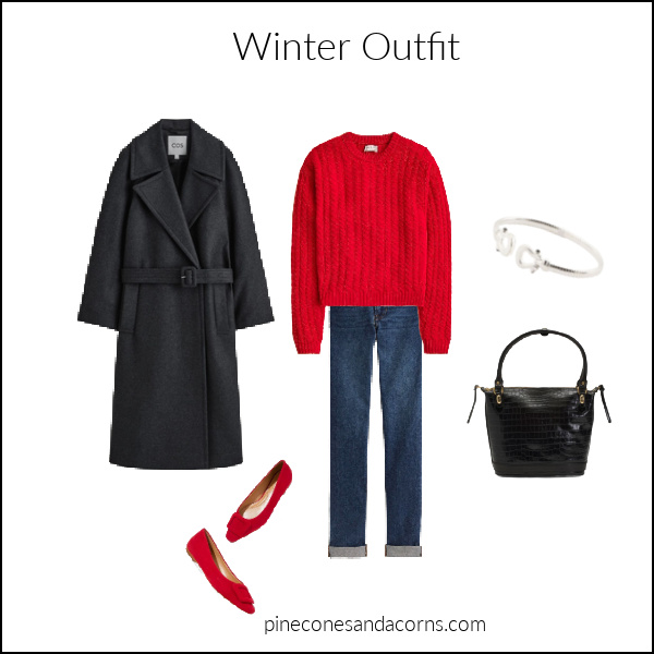 Fashion Over 50 Winter Outfit with red sweater and flats.