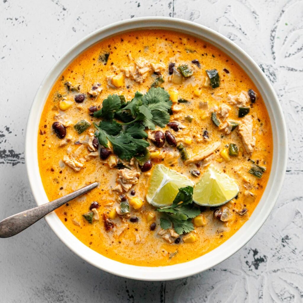 smaller batch chicken poblano soup recipe that makes about 1 ½ quarts of shredded chicken, poblano pepper, and black bean soup.